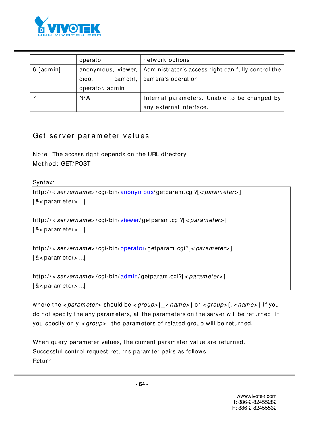 Vivotek FD7131 manual Get server parameter values, Method GET/POST 