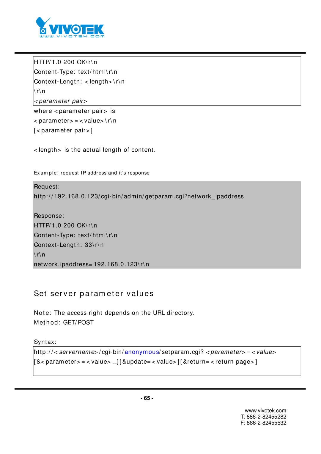 Vivotek FD7131 manual Set server parameter values, Parameter pair 