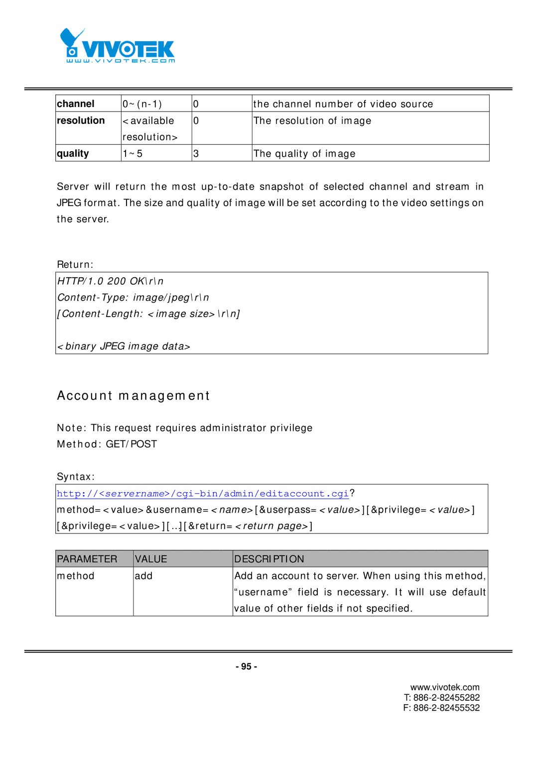 Vivotek FD7131 manual Account management, Quality 