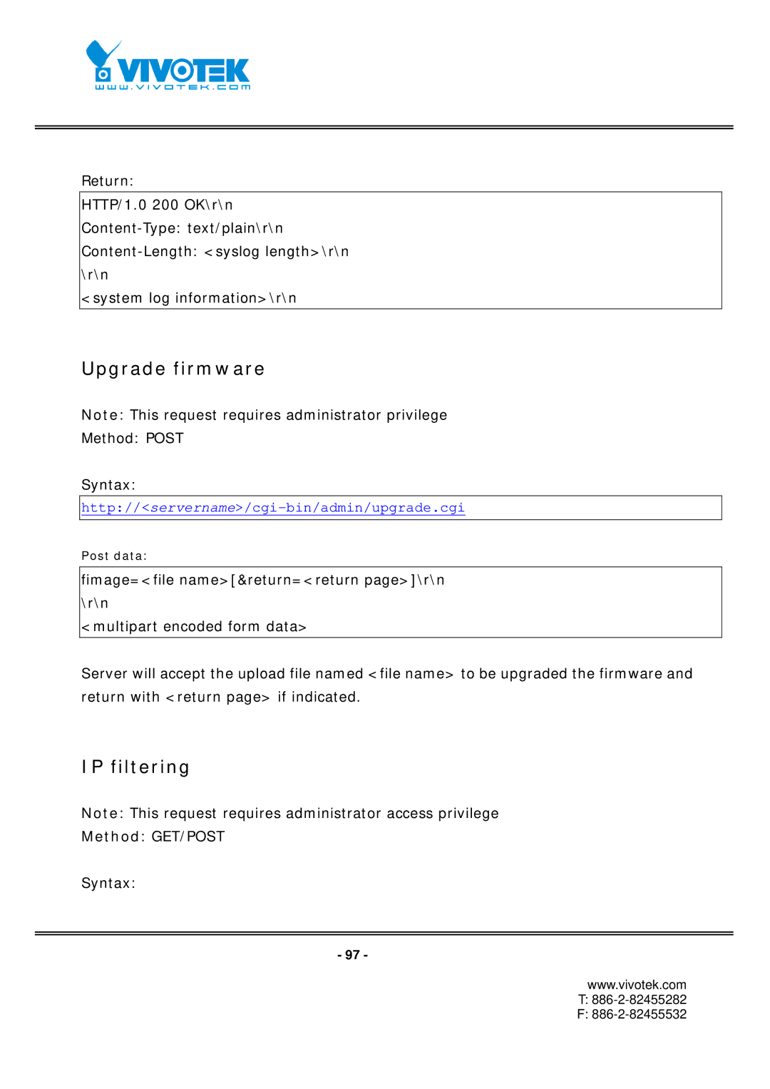 Vivotek FD7131 manual Upgrade firmware, IP filtering 