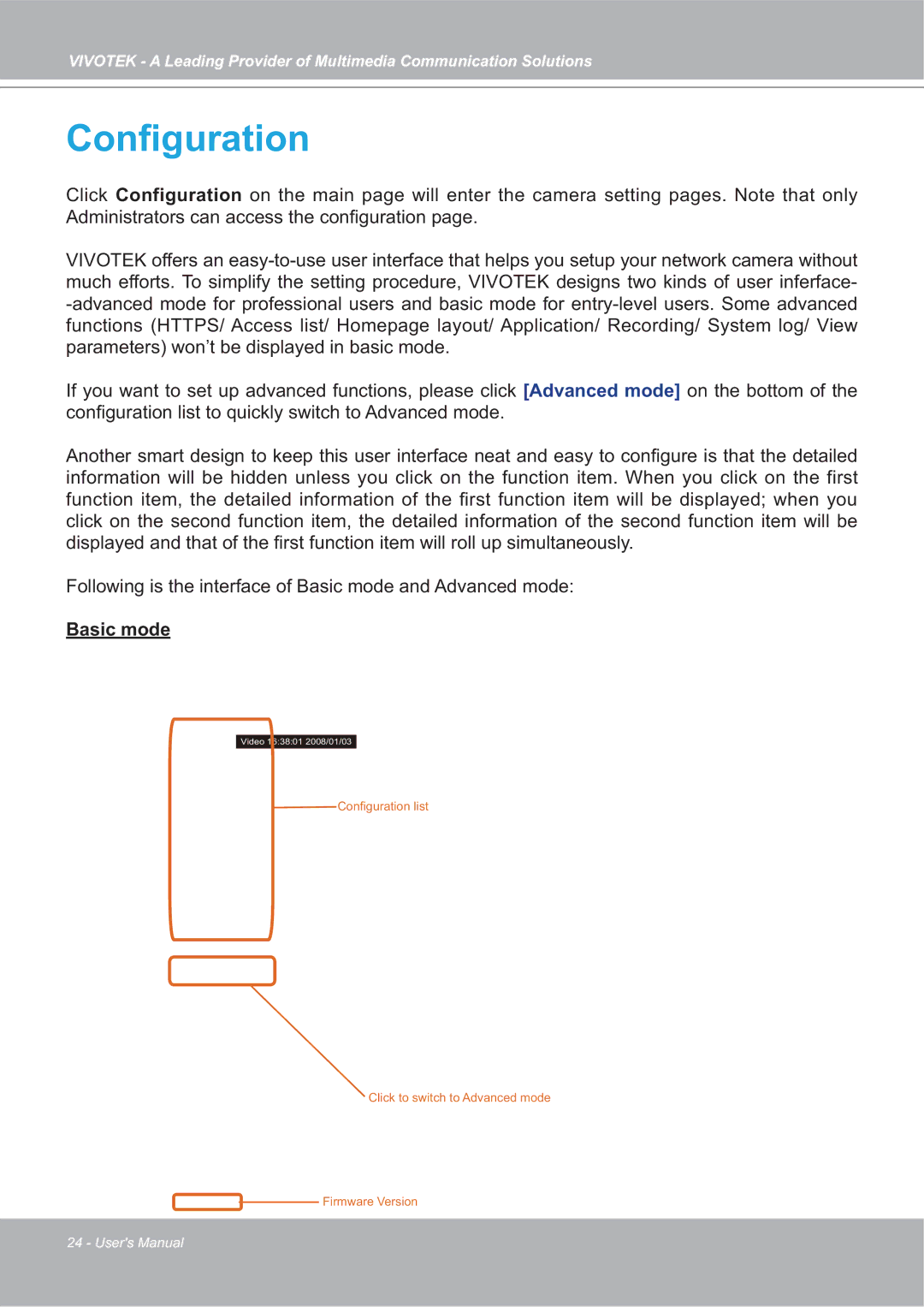 Vivotek FD7132 manual Conﬁguration 