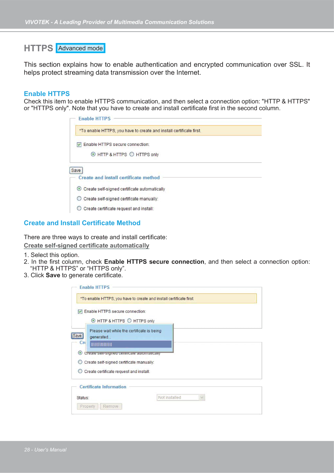 Vivotek FD7132 manual Enable Https, Create and Install Certiﬁcate Method 