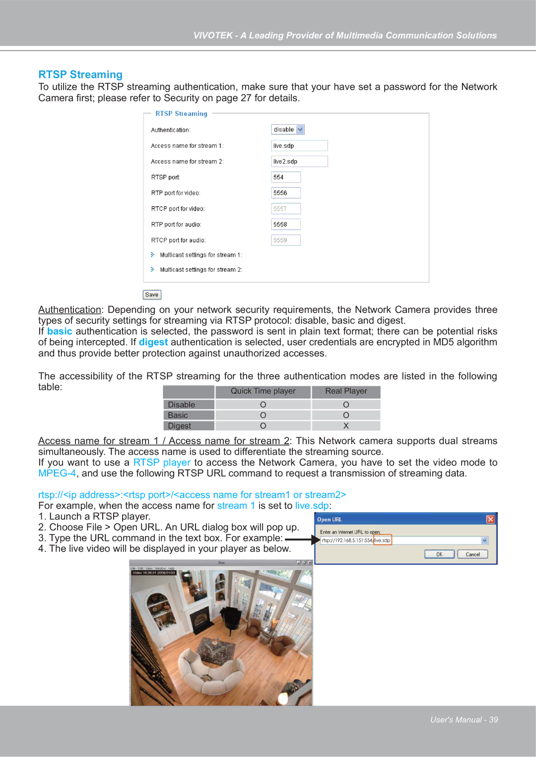 Vivotek FD7132 manual Rtsp Streaming 