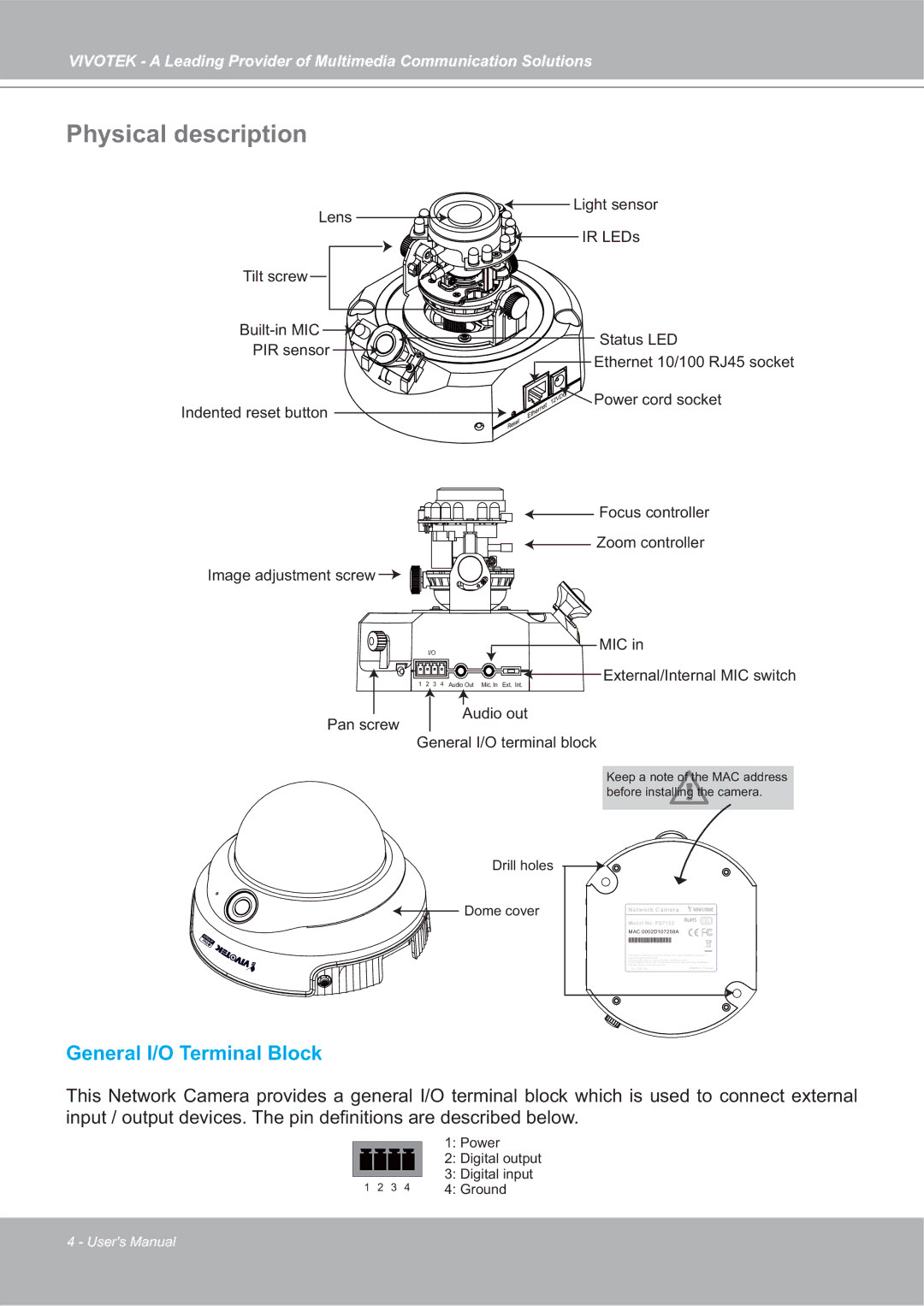 Vivotek FD7132 manual Physical description, Pan screw Audio out General I/O terminal block 