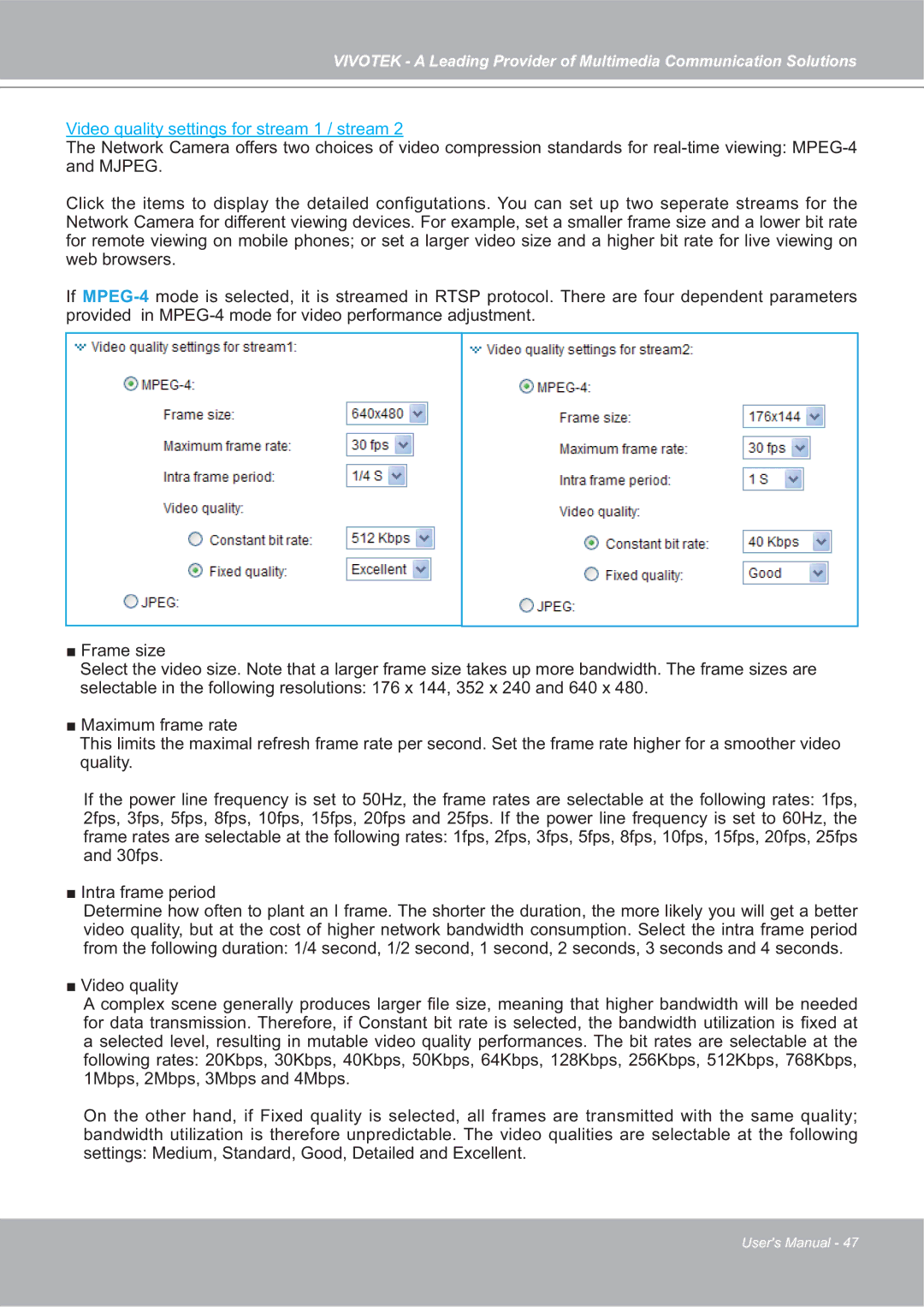 Vivotek FD7132 manual Video quality settings for stream 1 / stream 