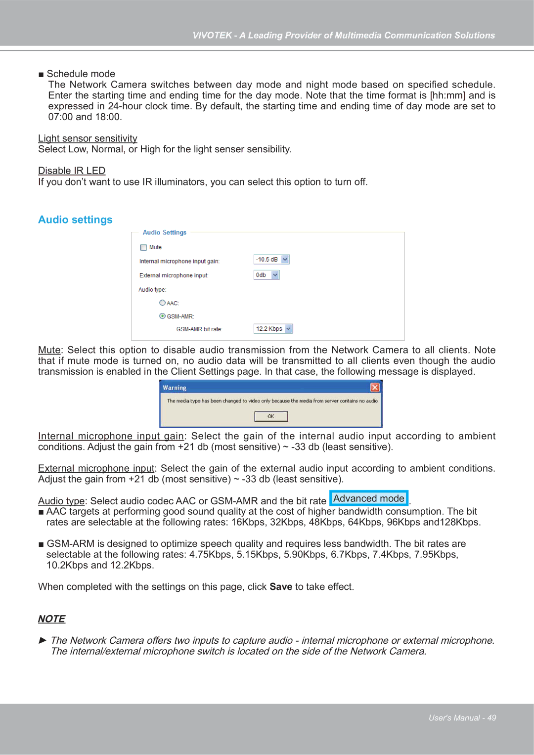 Vivotek FD7132 manual Audio settings 