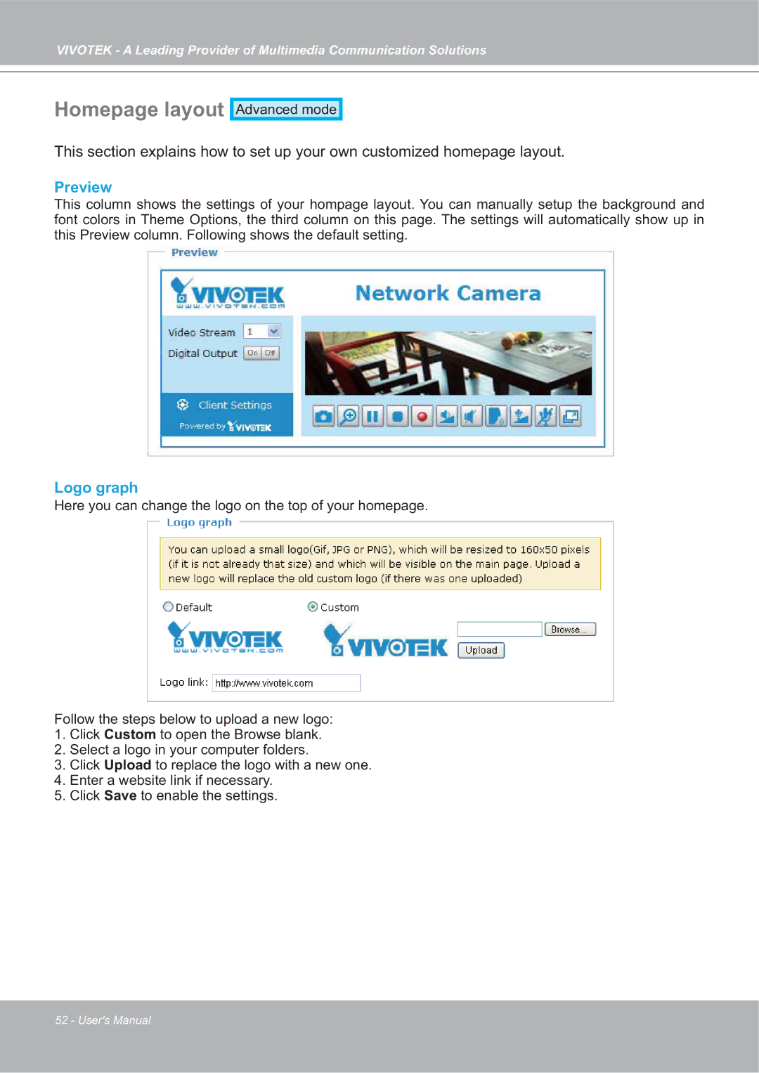 Vivotek FD7132 manual Homepage layout, Preview, Logo graph 