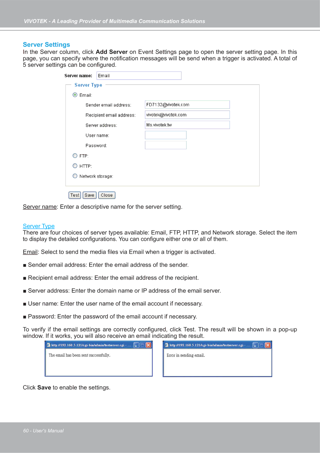 Vivotek FD7132 manual Server Settings 