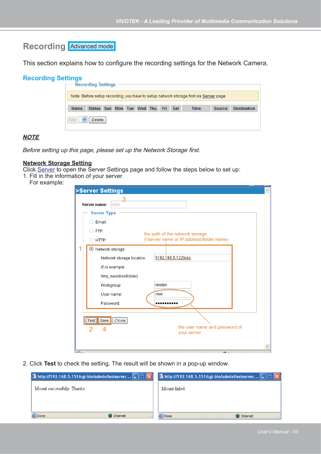 Vivotek FD7132 manual Recording Settings 