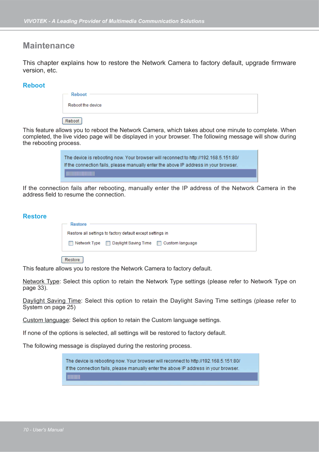 Vivotek FD7132 manual Maintenance, Reboot, Restore 