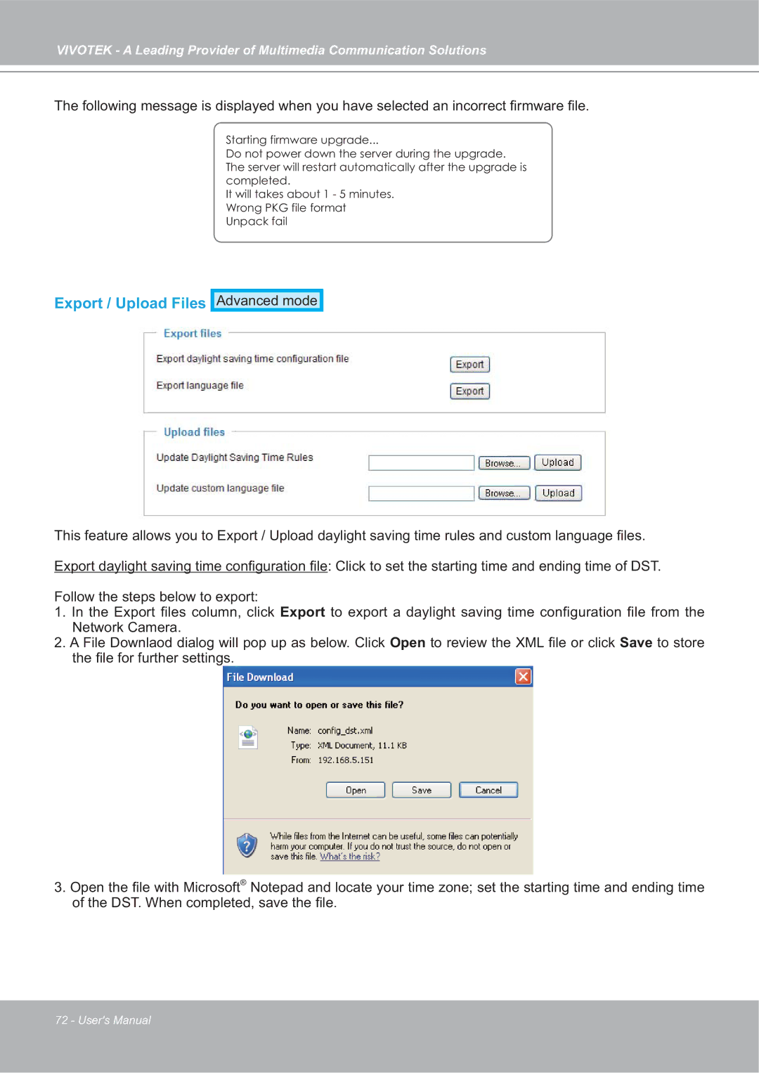 Vivotek FD7132 manual Export / Upload Files 