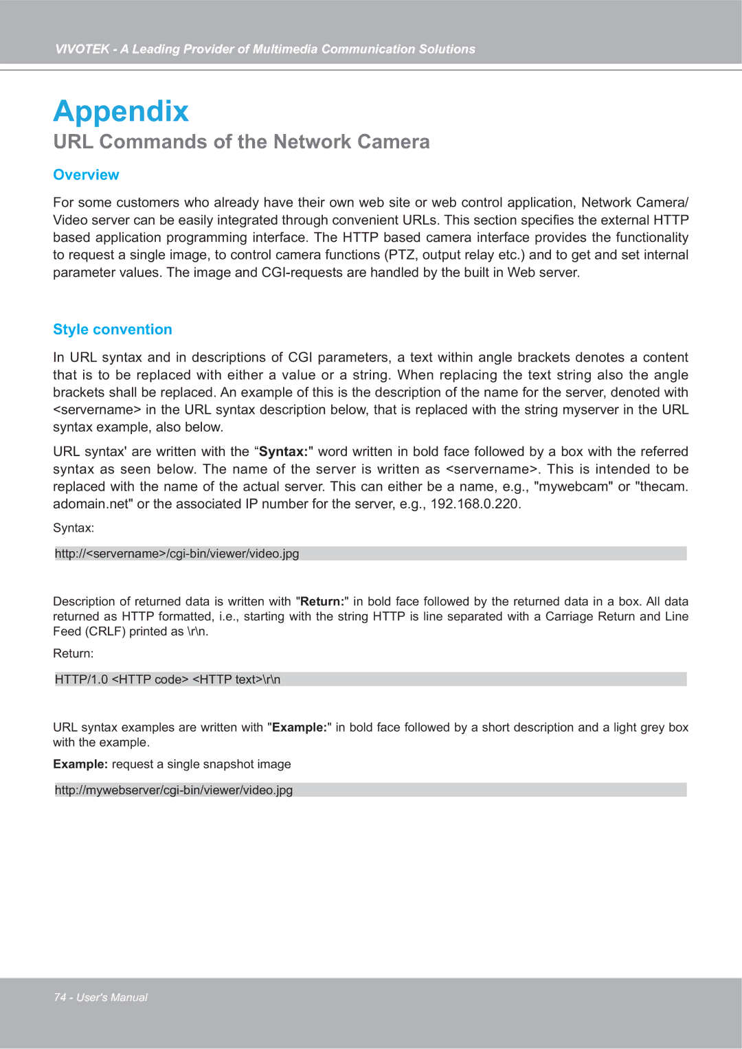 Vivotek FD7132 manual Appendix, URL Commands of the Network Camera 