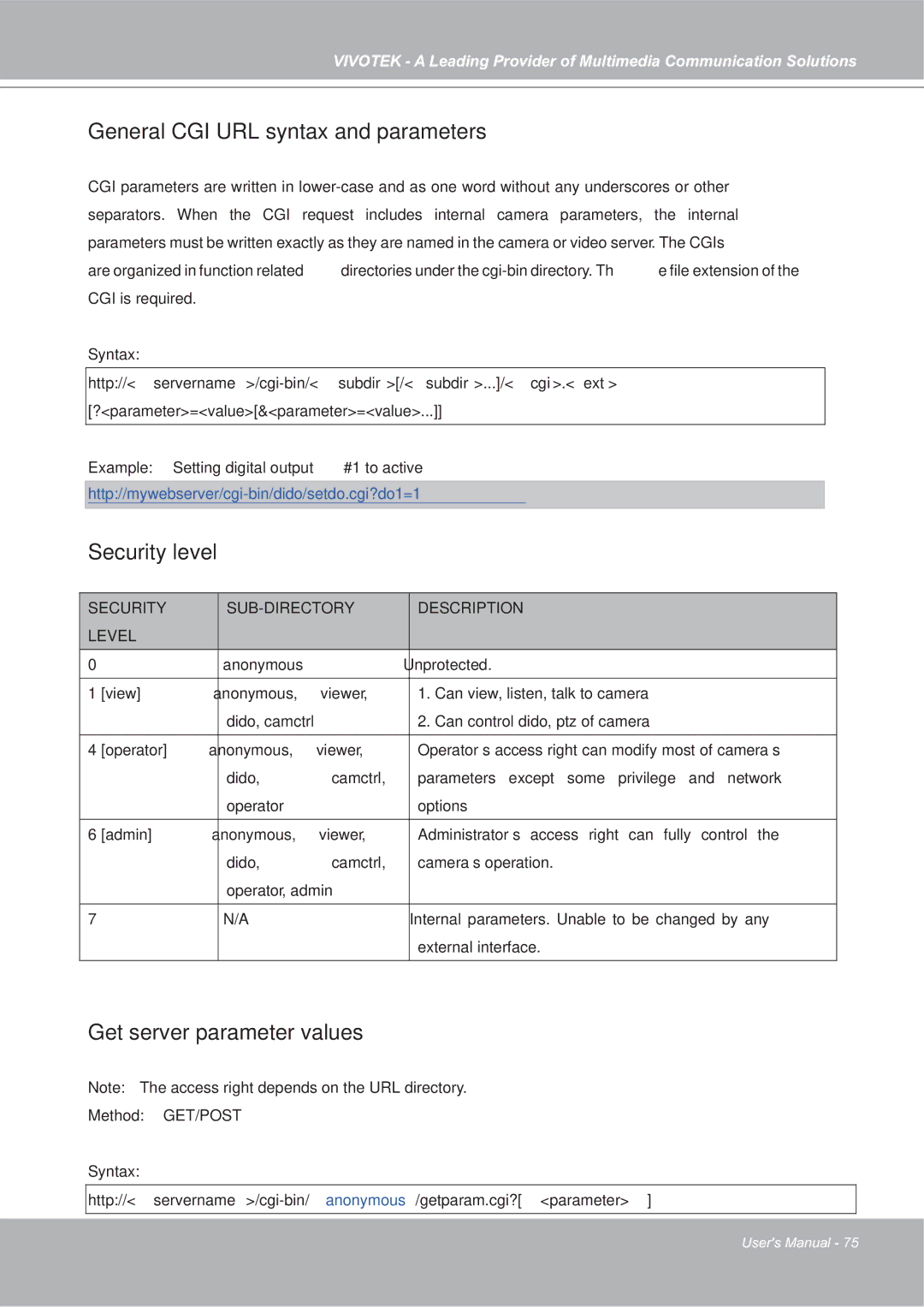 Vivotek FD7132 manual General CGI URL syntax and parameters, Security level, Get server parameter values, Method GET/POST 