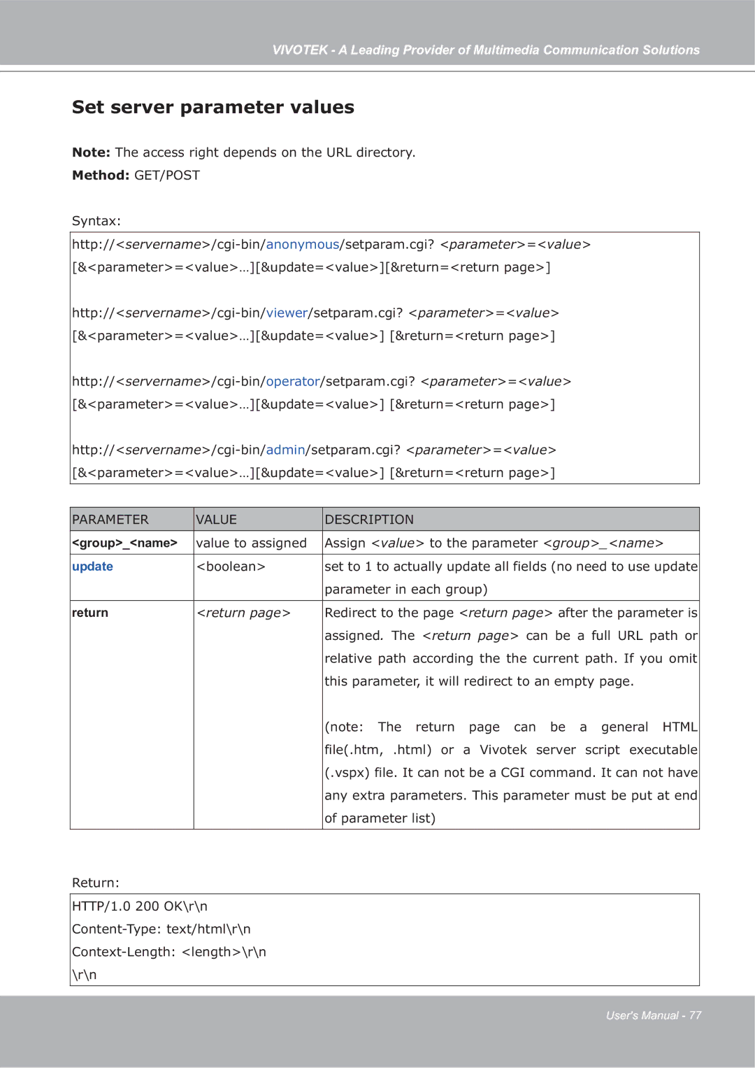 Vivotek FD7132 manual Set server parameter values, Update 