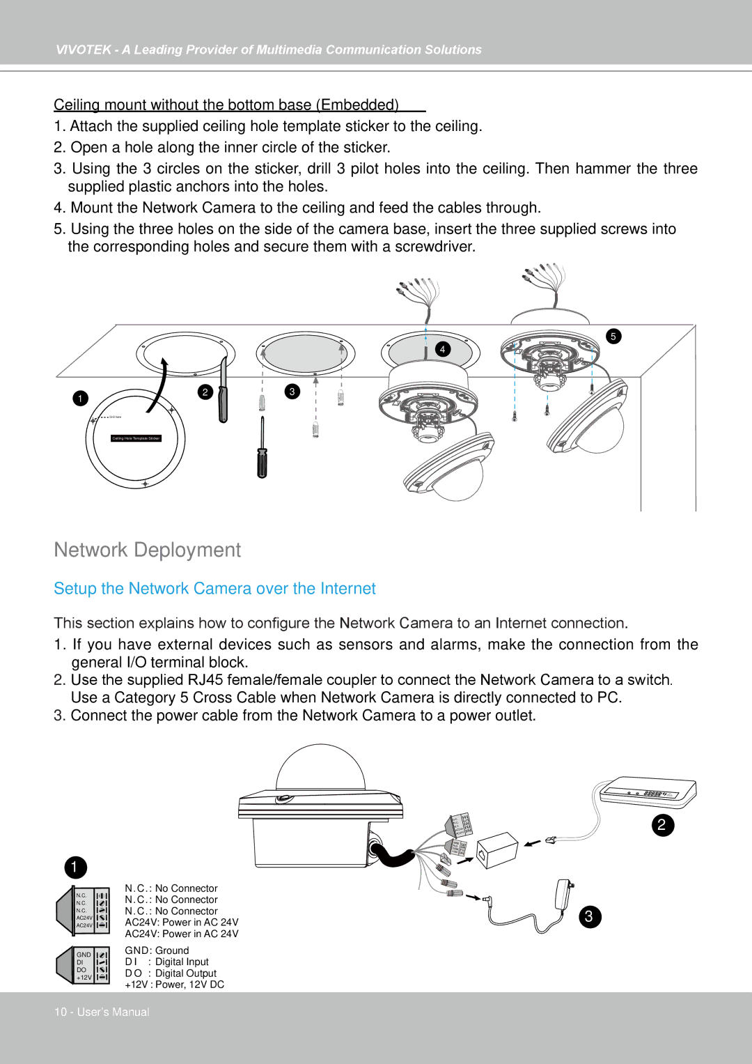 Vivotek FD7141(V) manual Network Deployment, Ceiling mount without the bottom base Embedded 