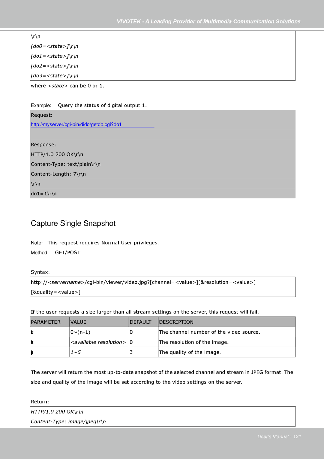 Vivotek FD7141(V) manual Capture Single Snapshot, Do0=state\r\n Do1=state\r\n Do2=state\r\n Do3=state\r\n 