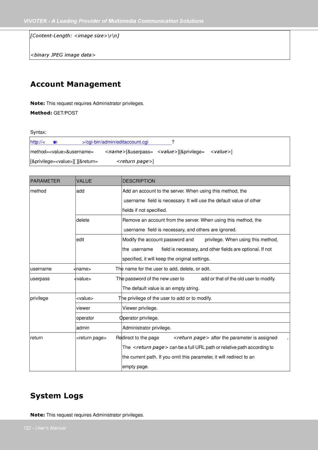 Vivotek FD7141(V) manual Account Management, System Logs 