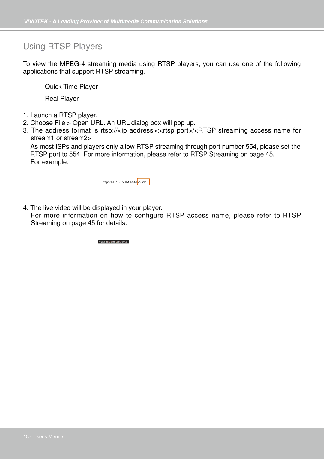 Vivotek FD7141(V) manual Using Rtsp Players 