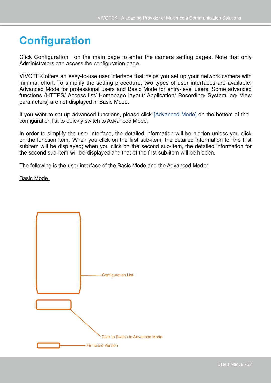 Vivotek FD7141(V) manual Configuration, Basic Mode 