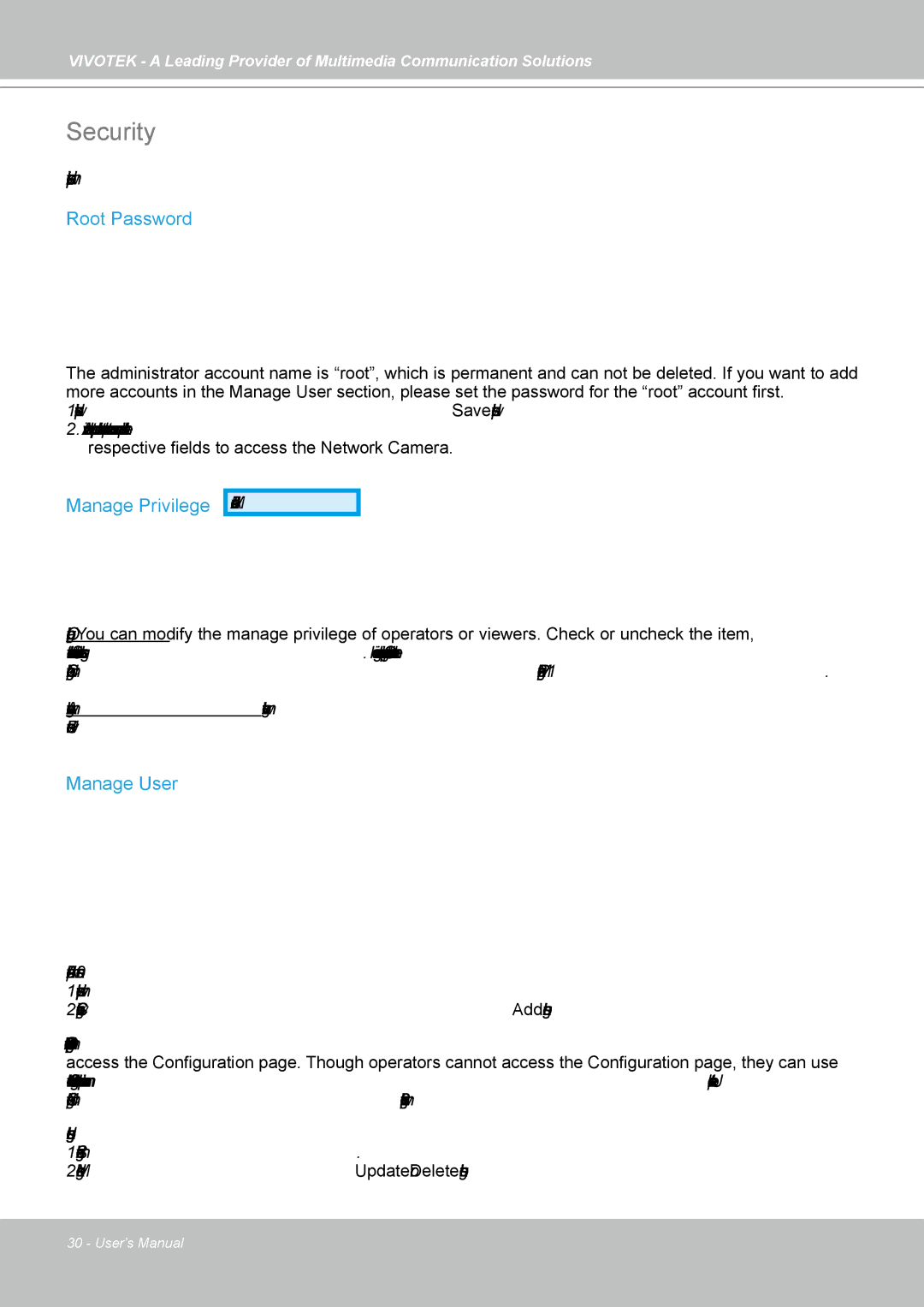 Vivotek FD7141(V) manual Security, Root Password, Manage Privilege, Manage User 