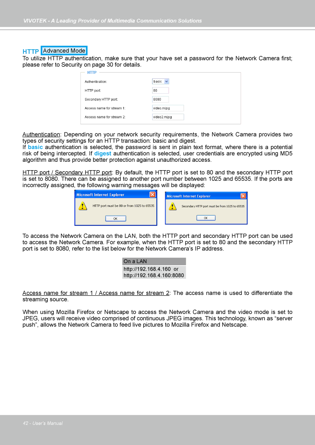 Vivotek FD7141(V) manual On a LAN Http//192.168.4.160 or Http//192.168.4.1608080 