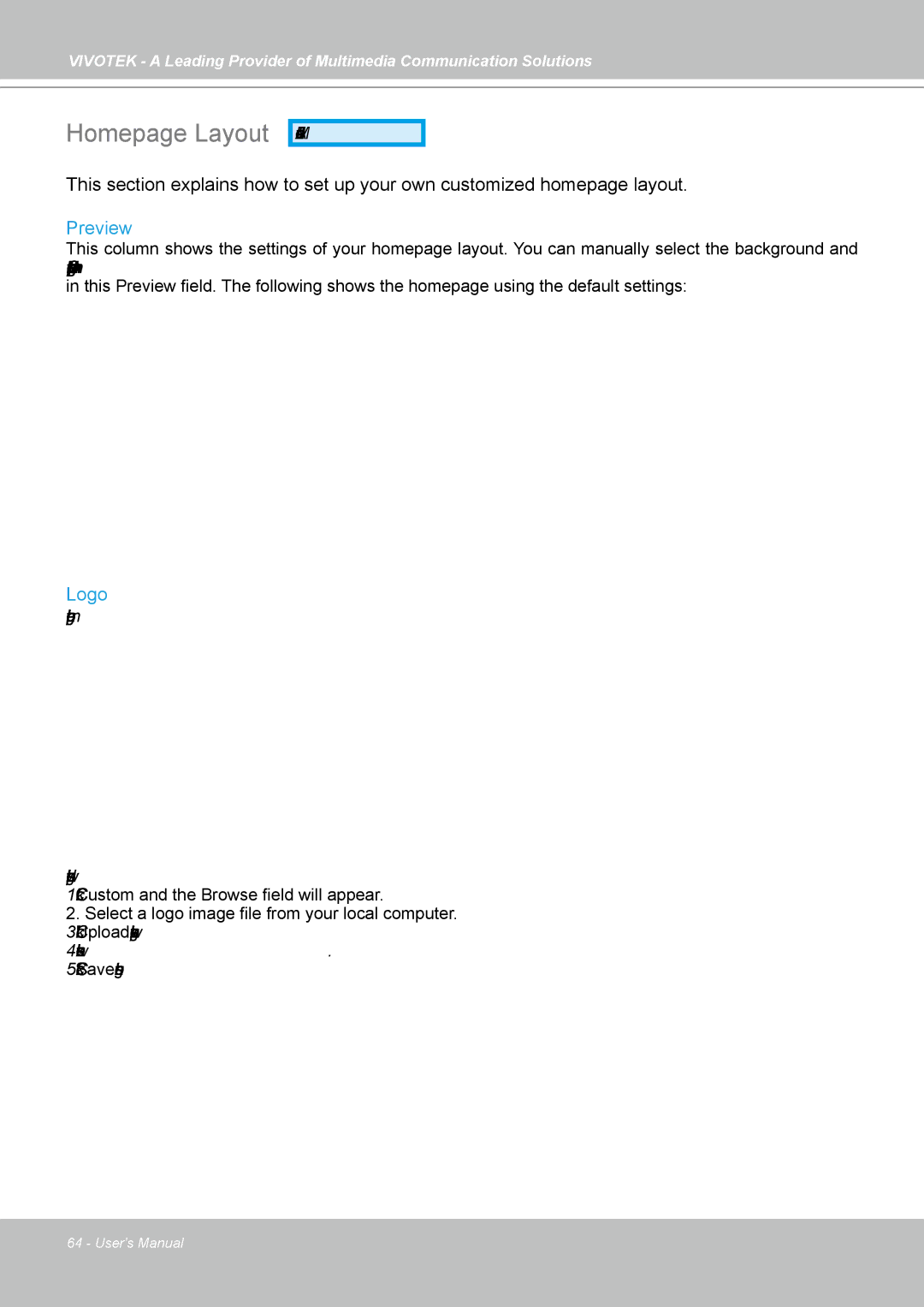 Vivotek FD7141(V) manual Homepage Layout, Preview, Logo 
