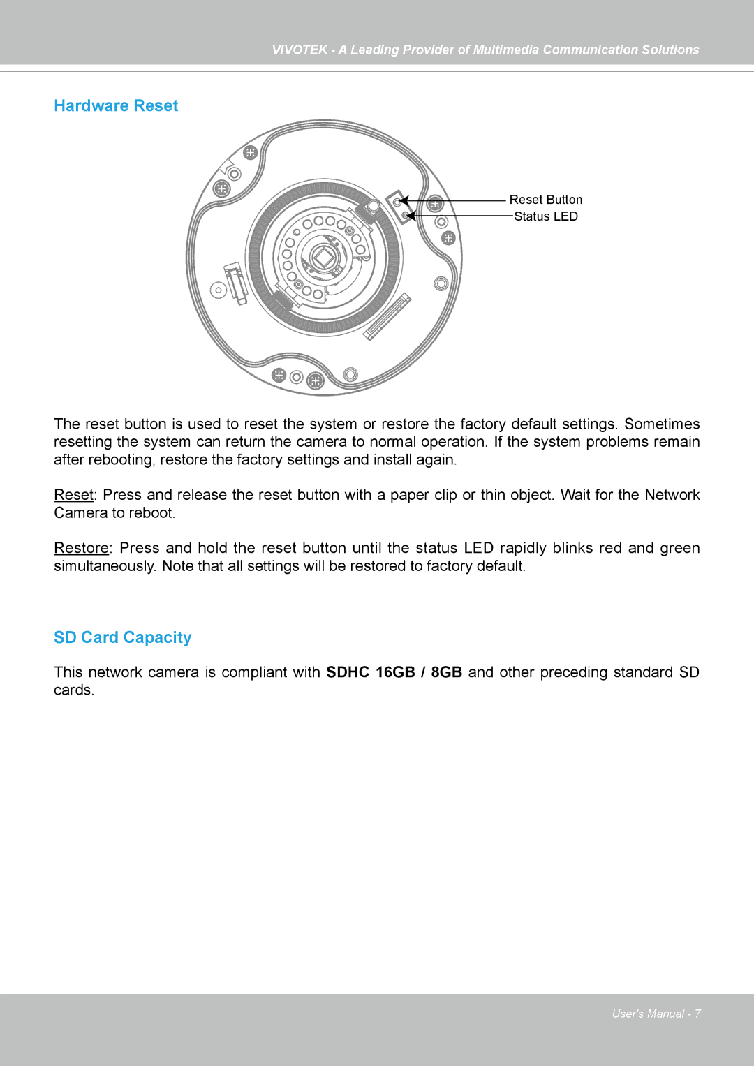 Vivotek FD7141(V) manual Hardware Reset 
