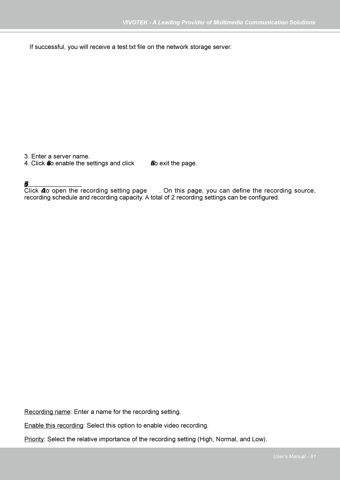 Vivotek FD7141(V) manual Recording Settings 