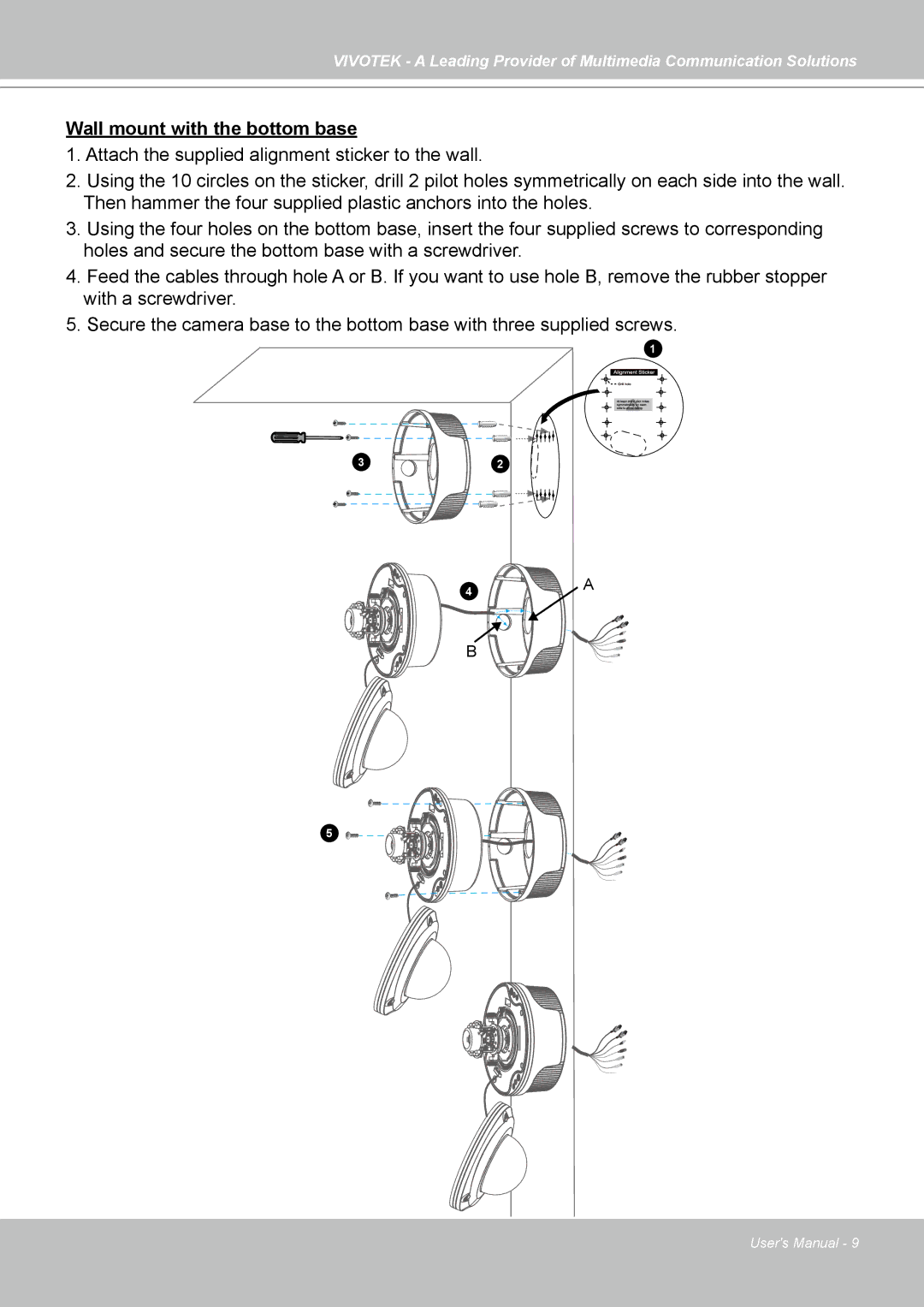 Vivotek FD7141(V) manual Wall mount with the bottom base 