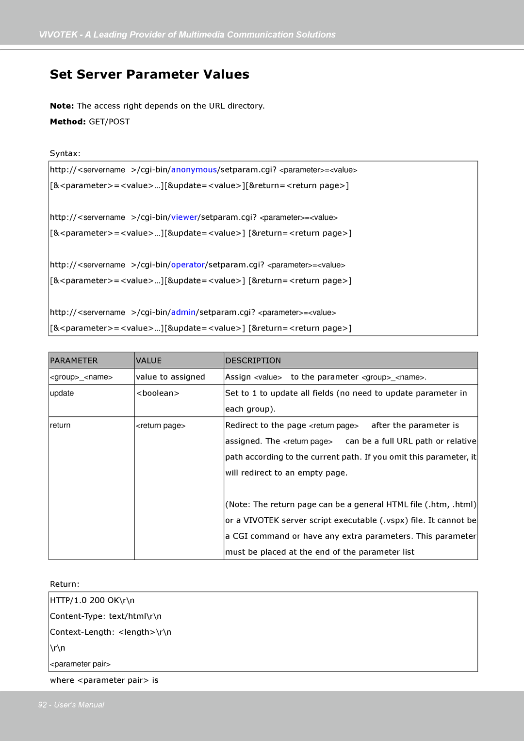 Vivotek FD7141(V) manual Set Server Parameter Values, Return 