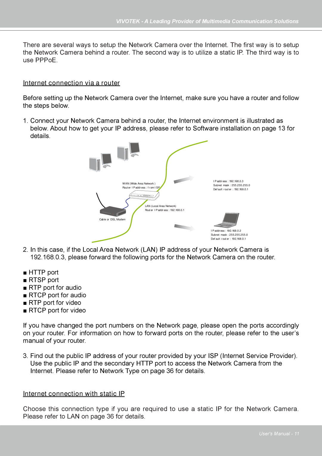 Vivotek FD7141(V) manual Internet connection via a router, Internet connection with static IP 