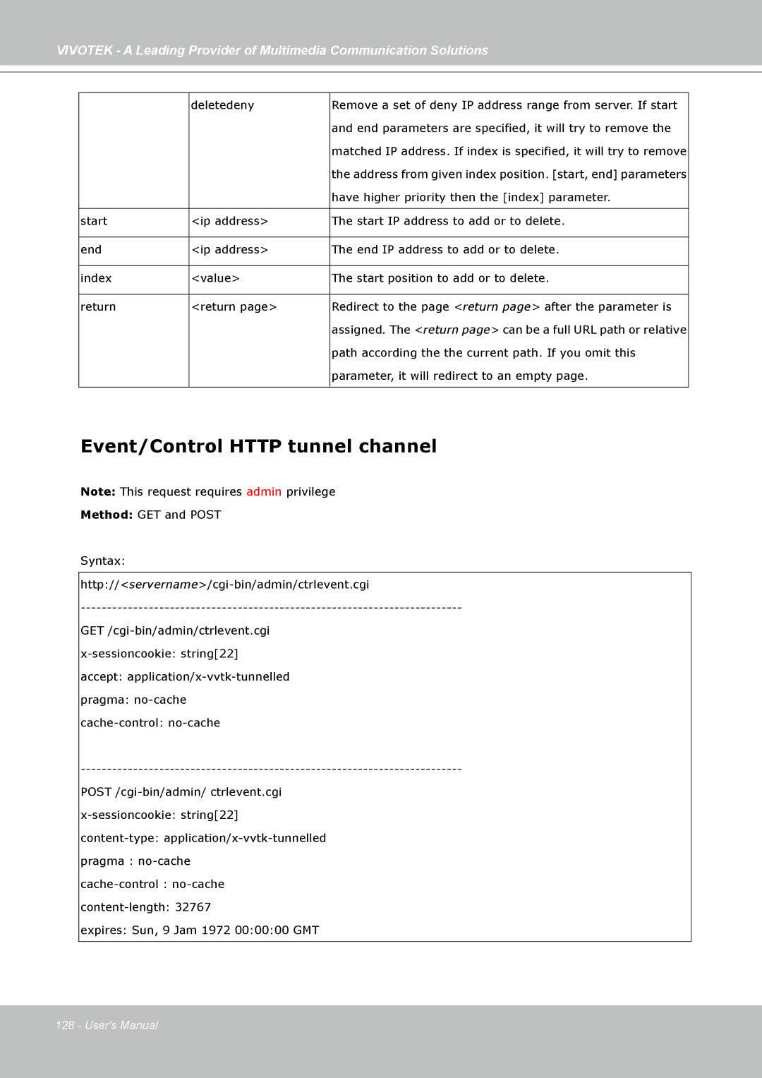 Vivotek FD7141(V) manual Event/Control Http tunnel channel 