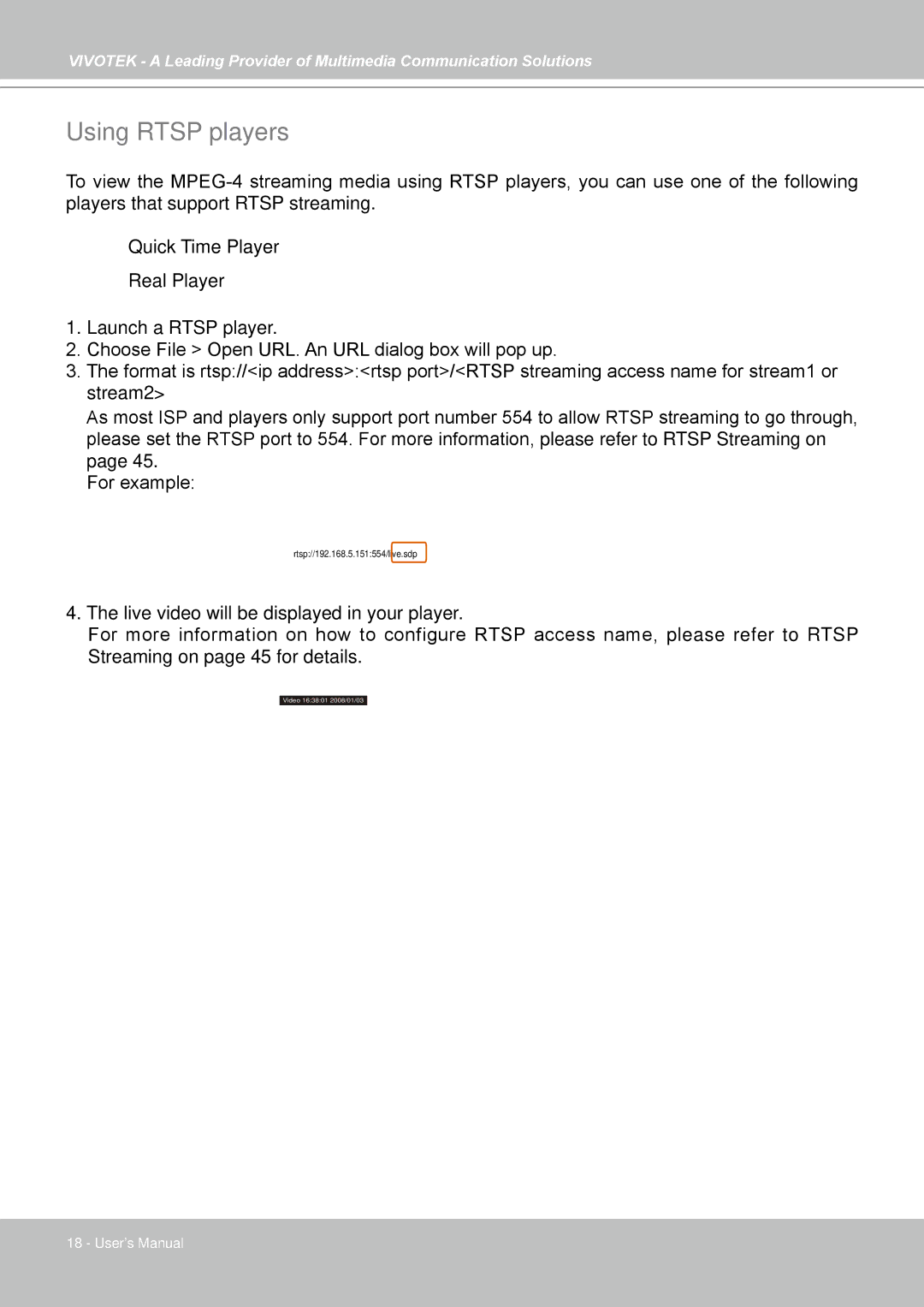Vivotek FD7141(V) manual Using Rtsp players 