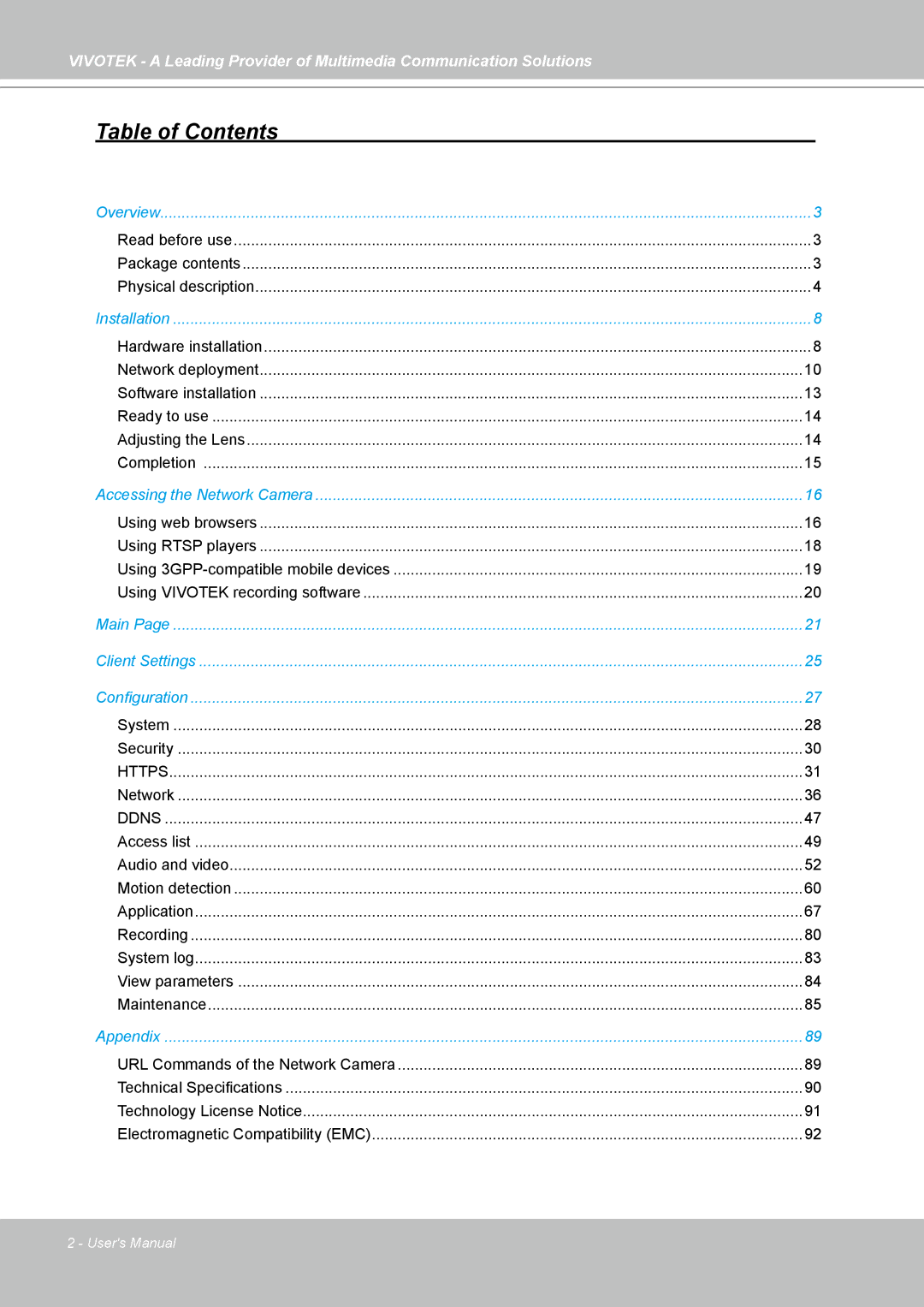 Vivotek FD7141(V) manual Table of Contents 