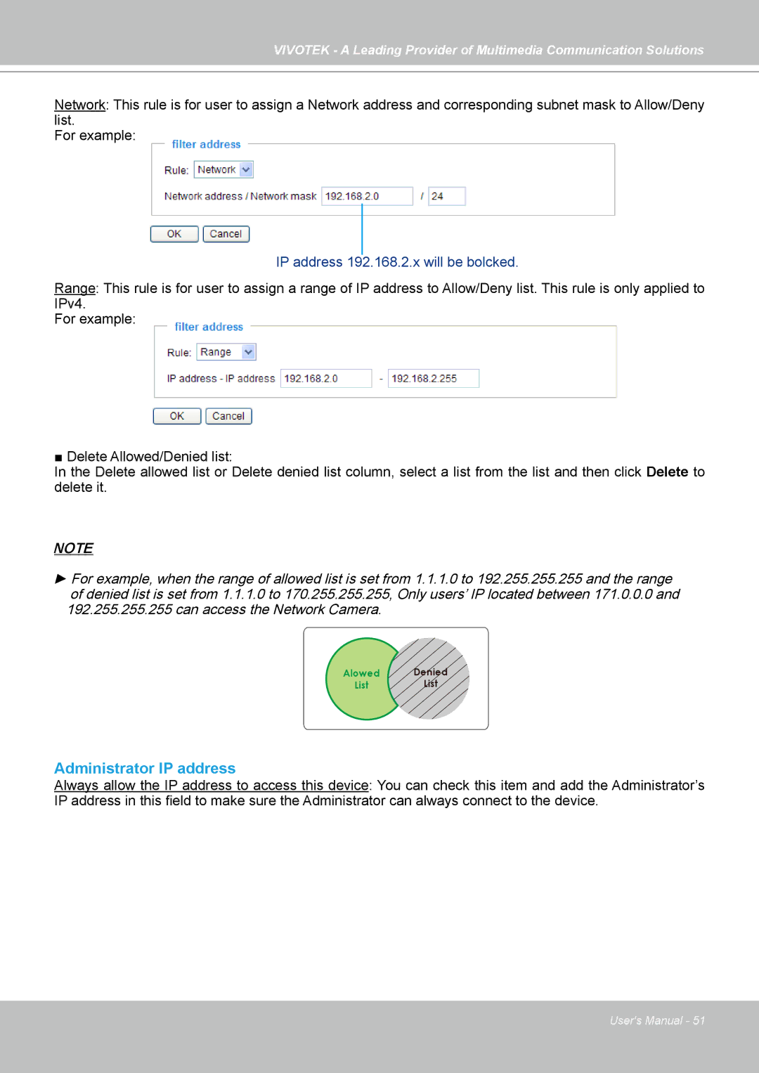 Vivotek FD7141(V) manual Administrator IP address, IP address 192.168.2.x will be bolcked 