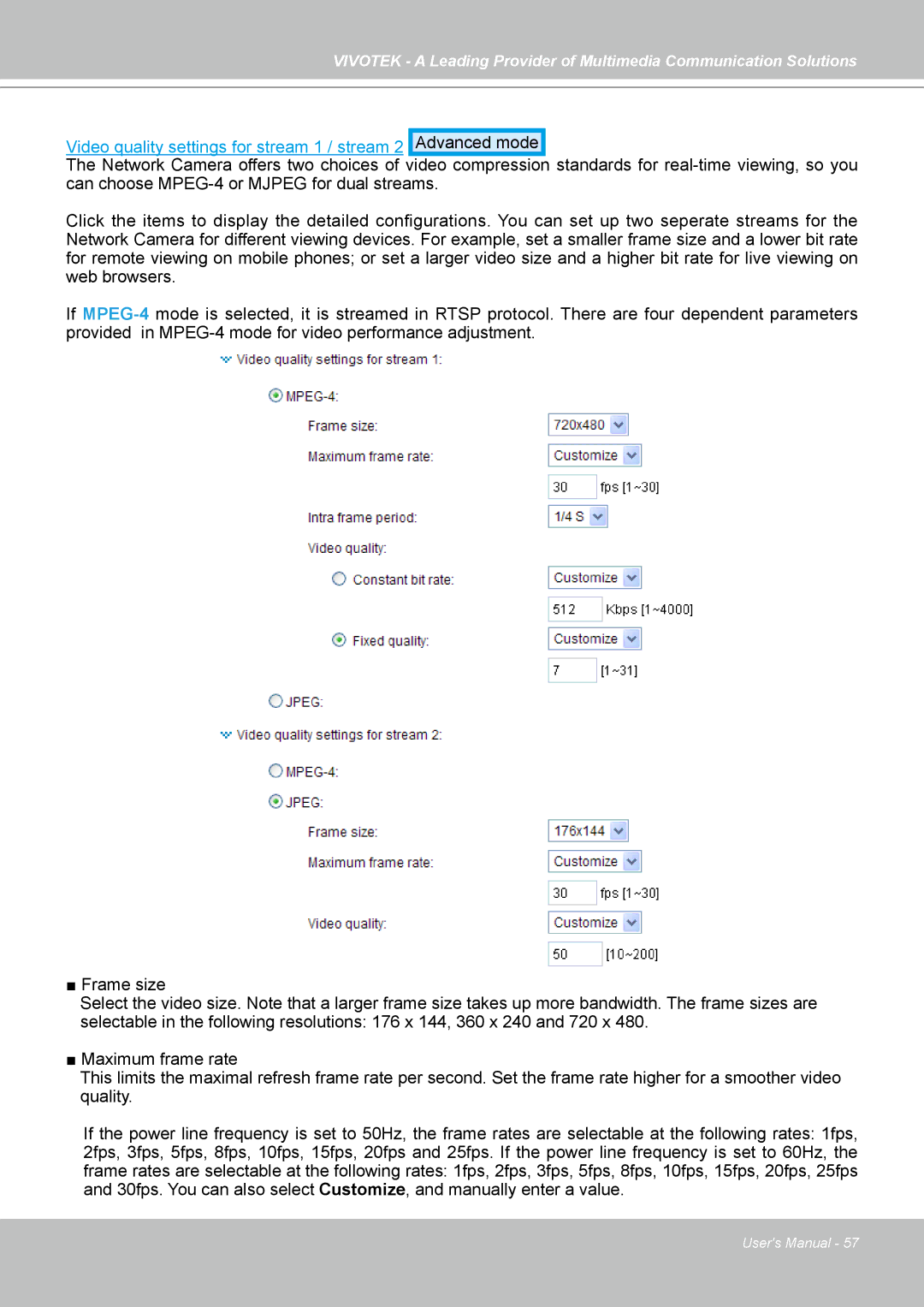 Vivotek FD7141(V) manual Video quality settings for stream 1 / stream 2 Advanced mode 