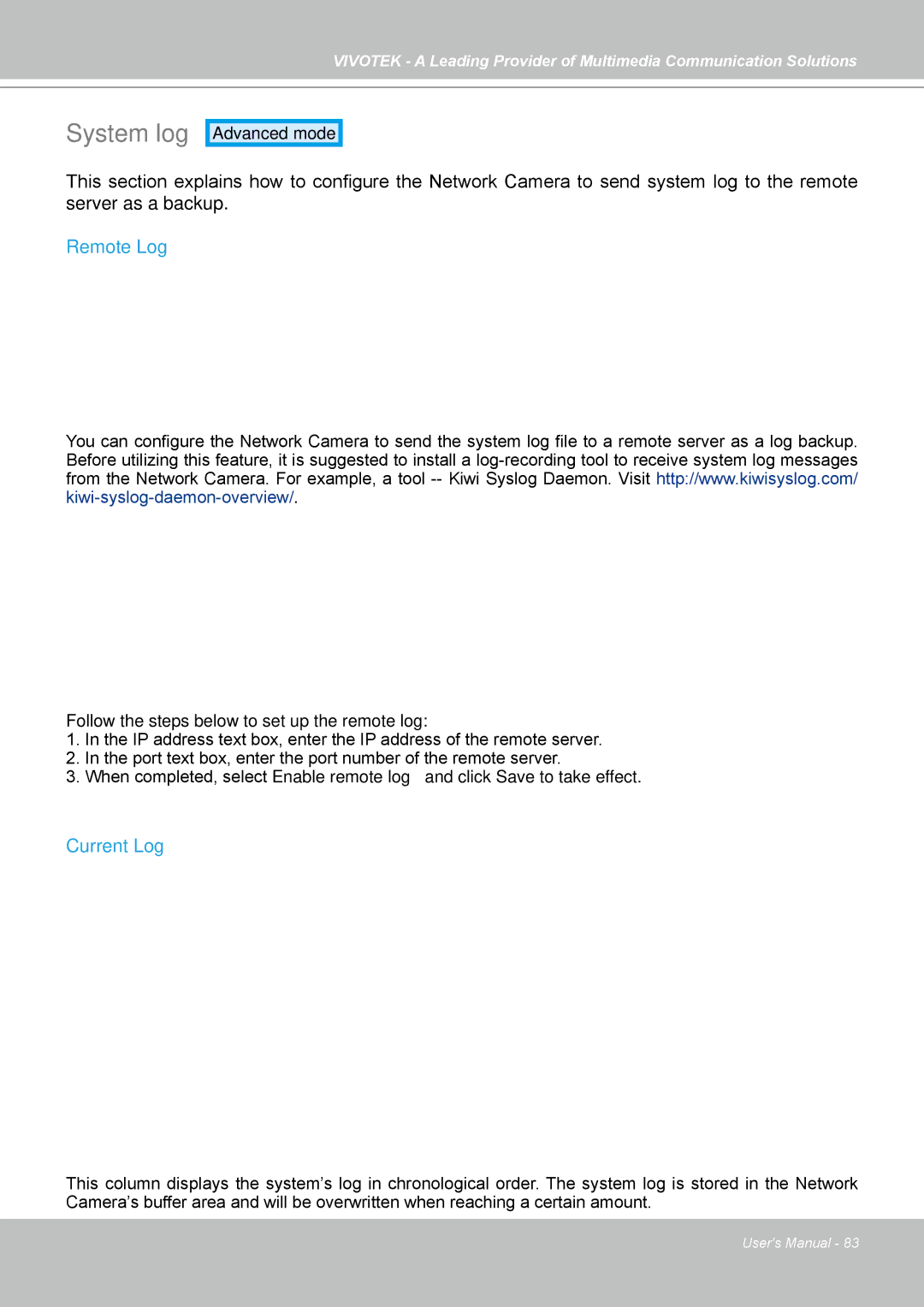 Vivotek FD7141(V) manual System log, Remote Log, Current Log 