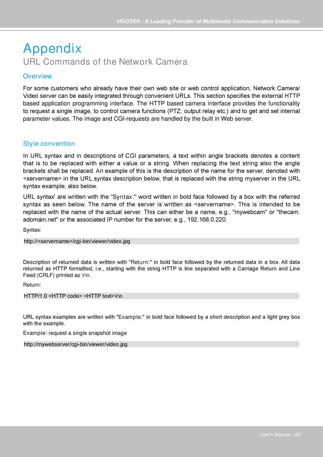 Vivotek FD7141(V) manual Appendix, URL Commands of the Network Camera 