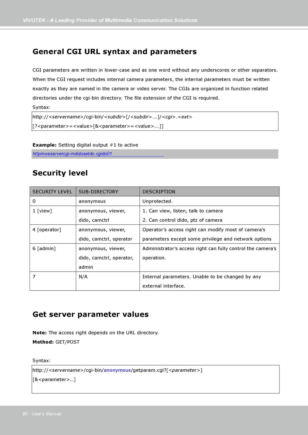 Vivotek FD7141(V) manual General CGI URL syntax and parameters, Security level, Get server parameter values 