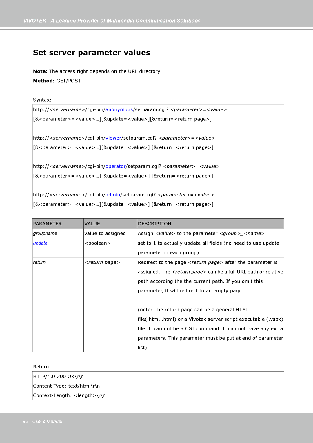 Vivotek FD7141(V) manual Set server parameter values, Update 