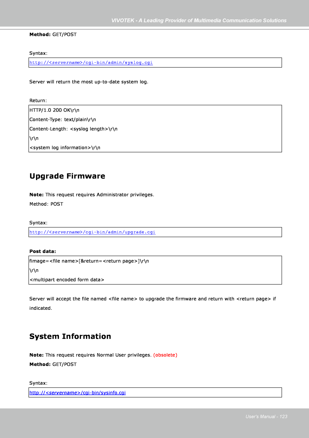 Vivotek FD7141(V) manual Upgrade Firmware, System Information, Method: GET/POST, Post data 