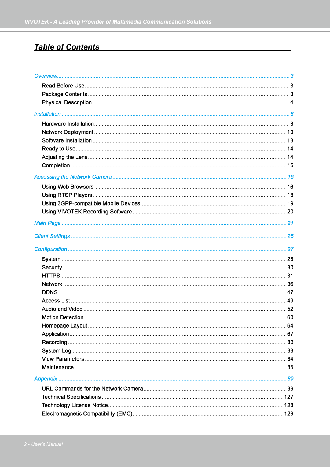 Vivotek FD7141(V) manual Table of Contents, Users Manual 
