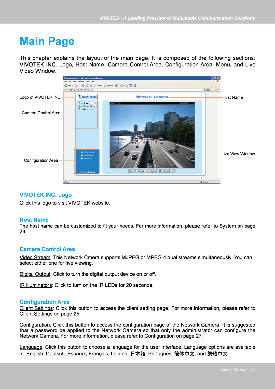 Vivotek FD7141(V) manual Main Page, VIVOTEK INC. Logo, Host Name, Camera Control Area, Configuration Area 