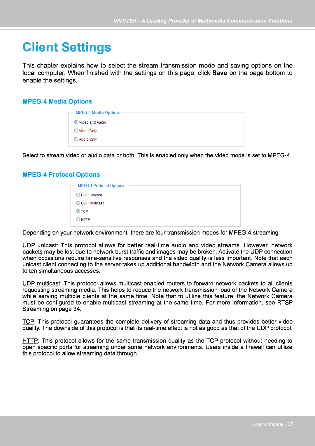 Vivotek FD7141(V) manual Client Settings, MPEG-4Media Options, MPEG-4Protocol Options 