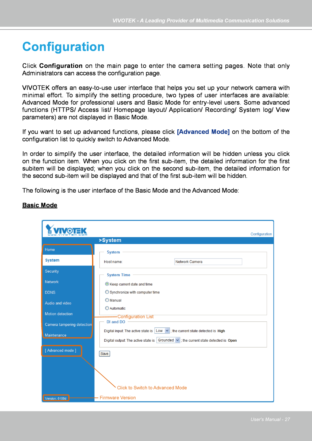 Vivotek FD7141(V) manual Configuration, Basic Mode 