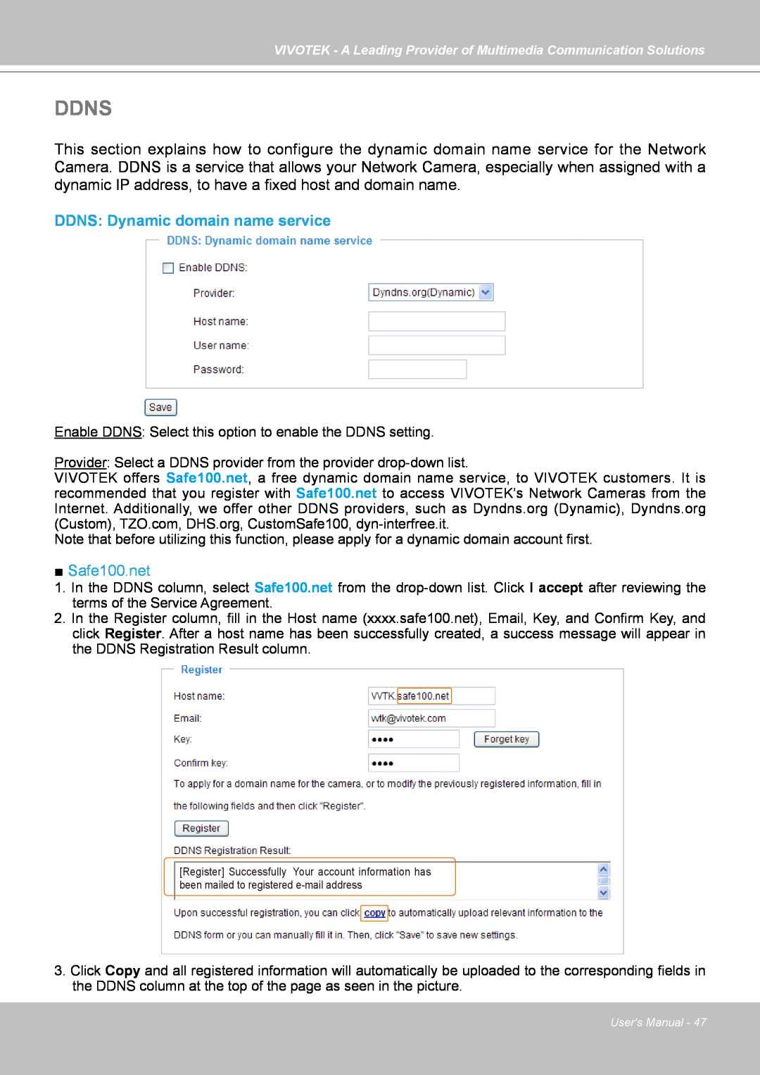 Vivotek FD7141(V) manual Ddns, DDNS: Dynamic domain name service, Safe100.net 