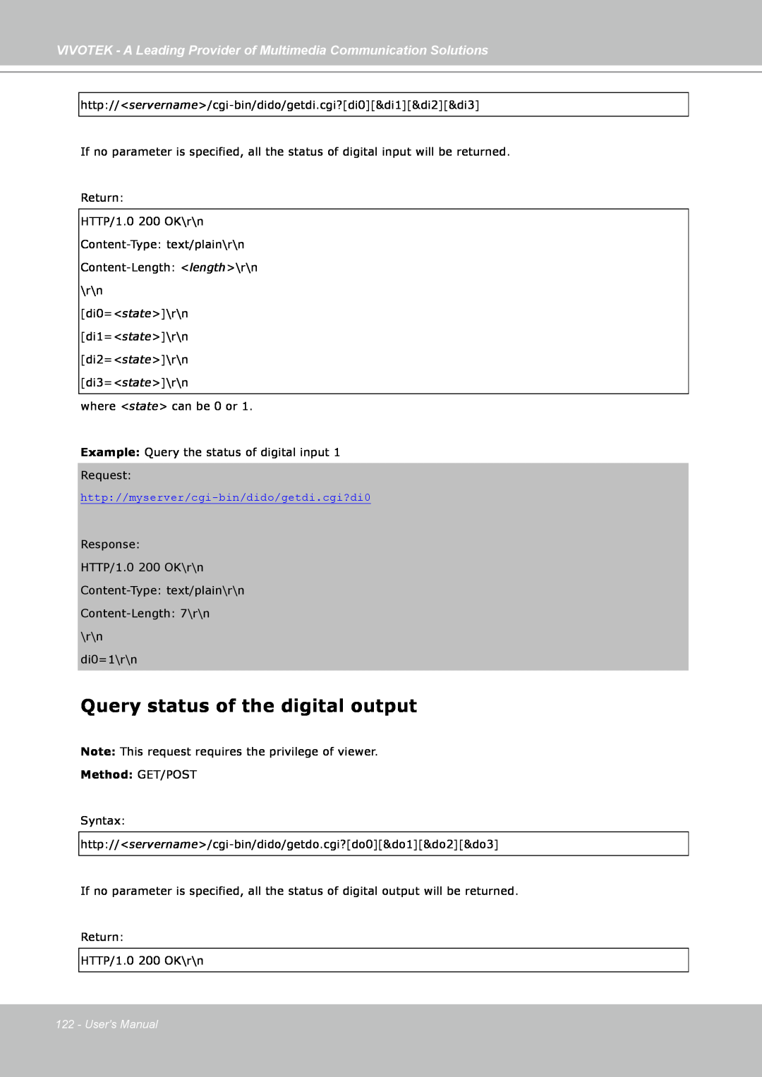 Vivotek FD7141(V) manual Query status of the digital output, Method: GET/POST, Users Manual 