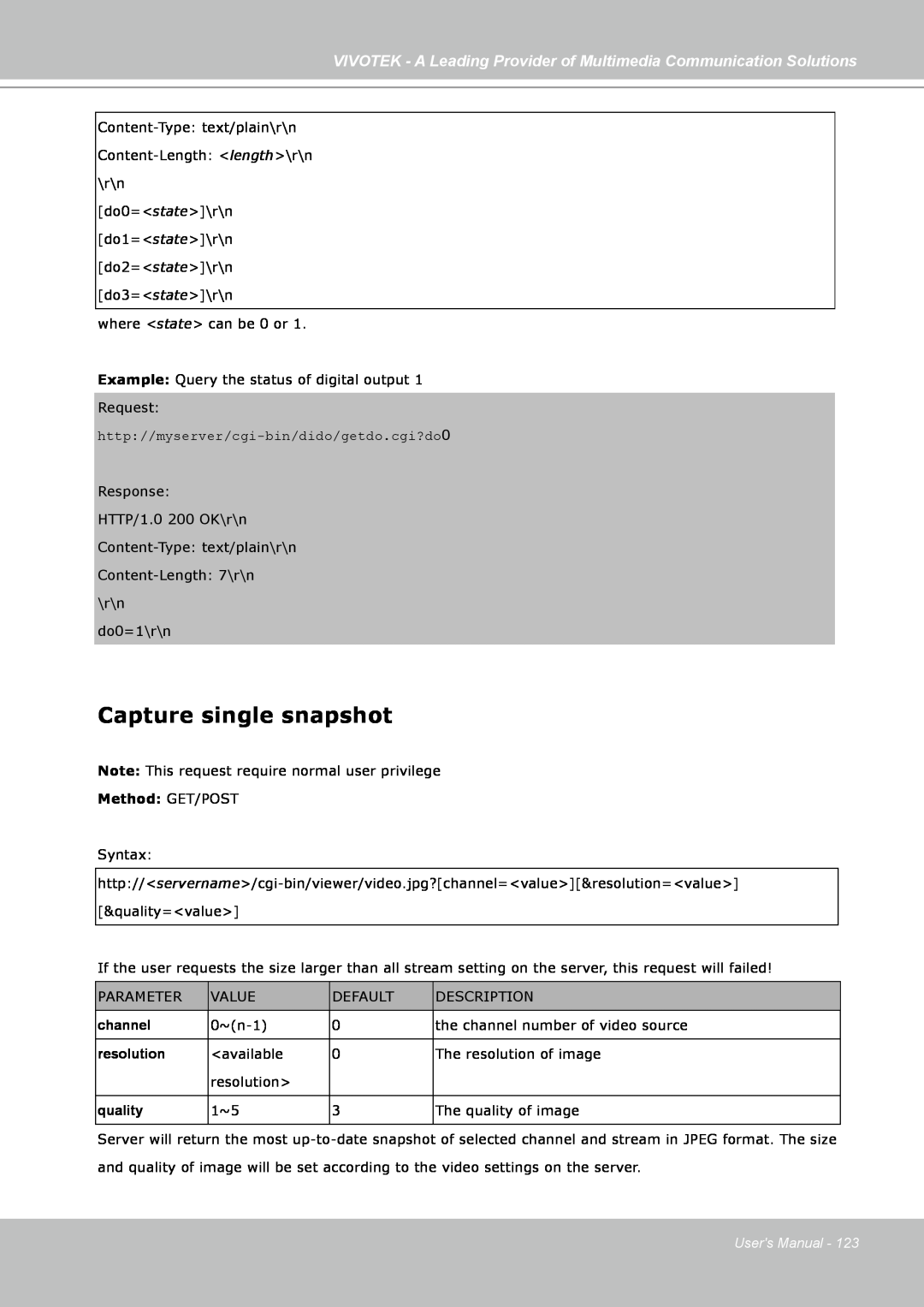 Vivotek FD7141(V) manual Capture single snapshot, Method: GET/POST, channel, resolution, quality, Users Manual 