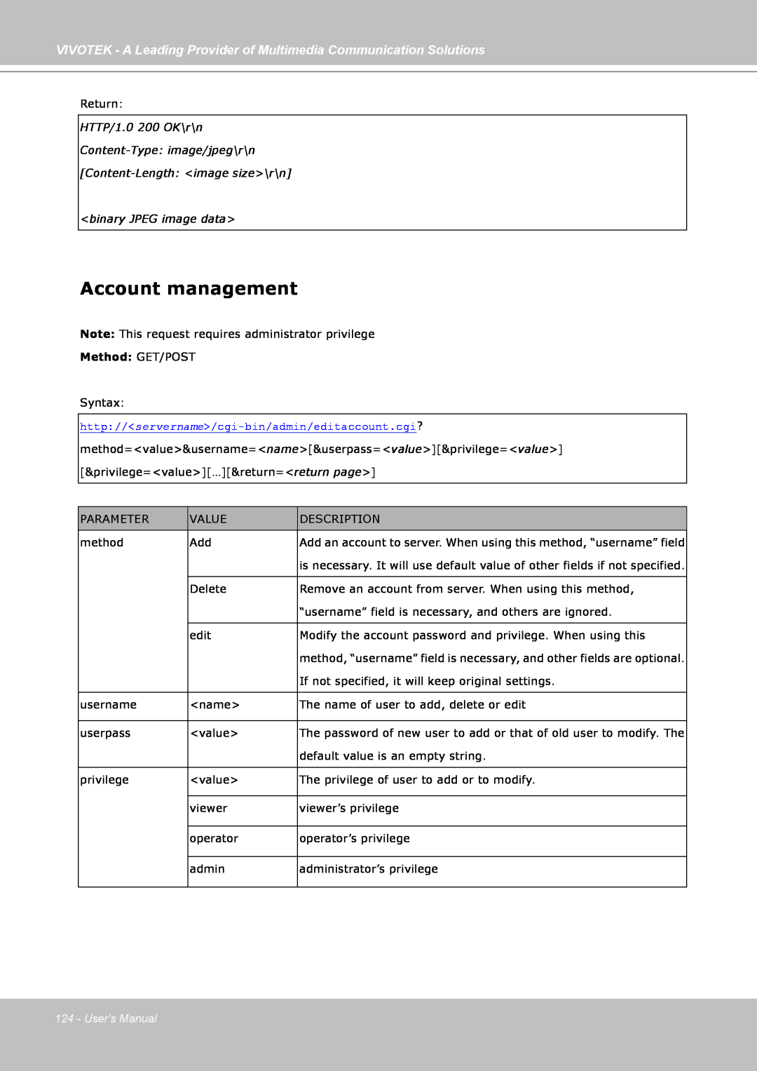 Vivotek FD7141(V) manual Account management, <binary JPEG image data>, Method: GET/POST, Users Manual 