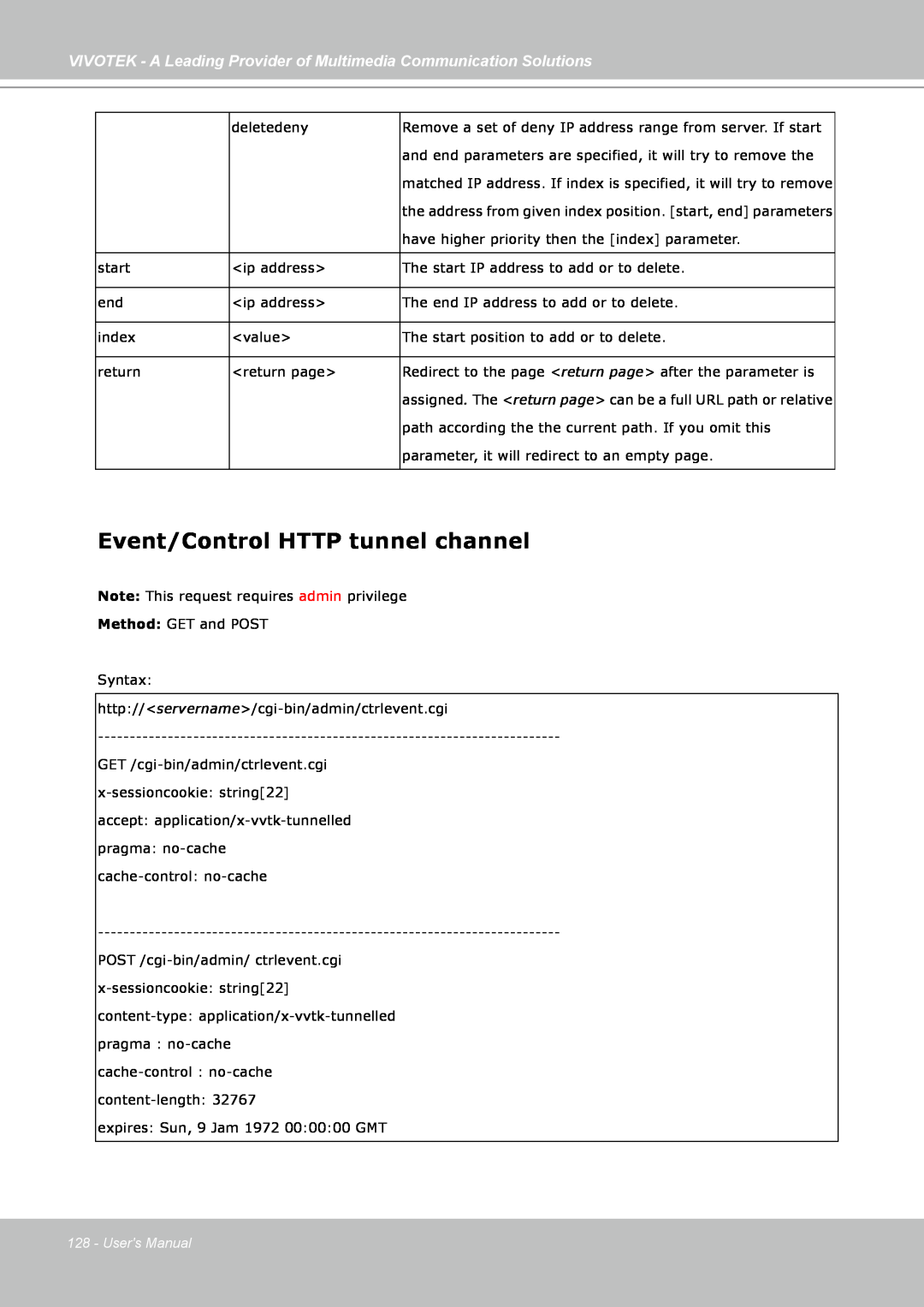 Vivotek FD7141(V) manual Event/Control HTTP tunnel channel, Users Manual 
